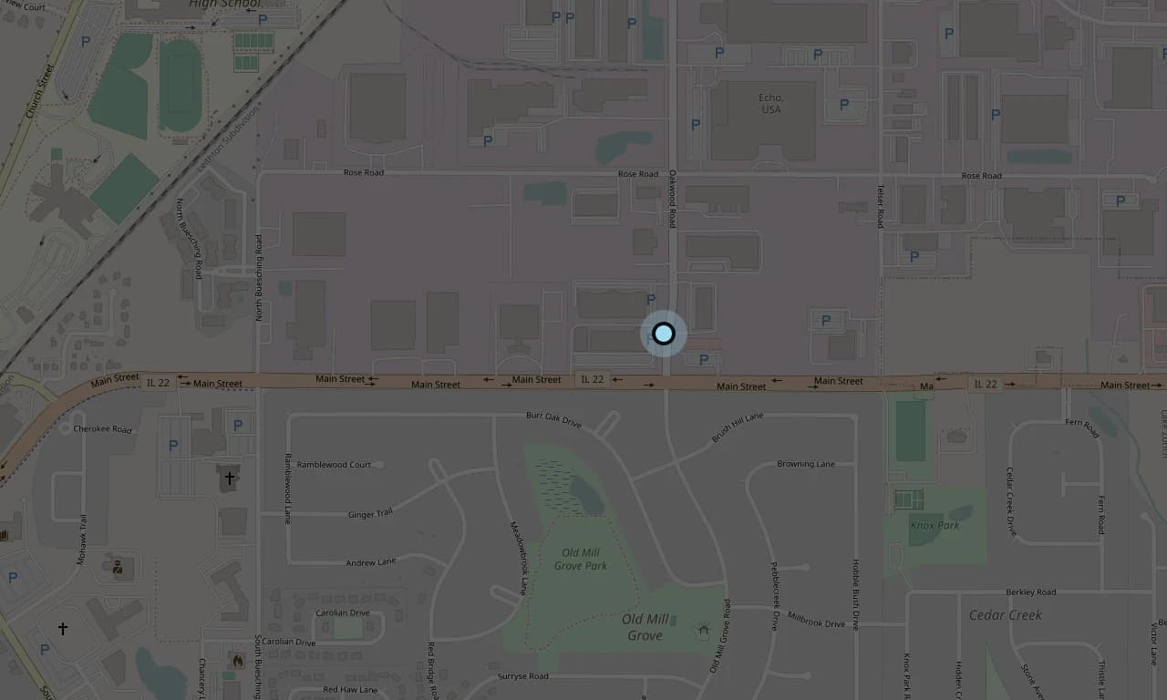 Map showing Formula Cheer at 65 Oakwood Rd. Lake Zurich, IL 60047, just north of Main Street on Oakwood Road
